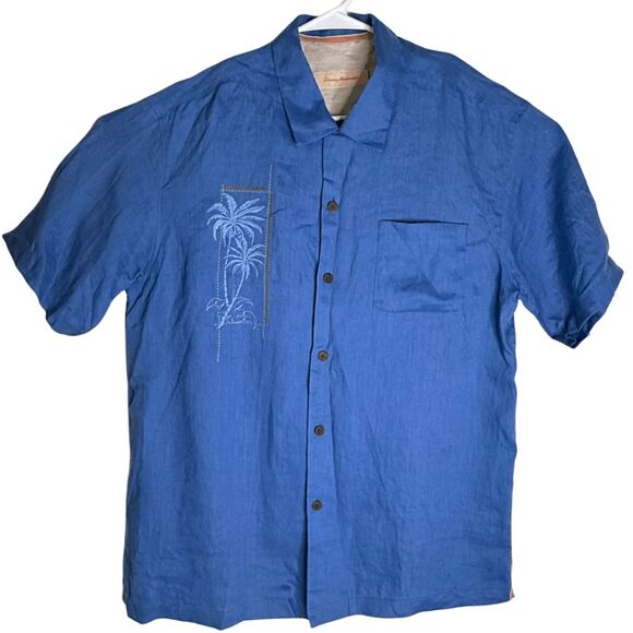 Tommy Bahama Men's Palm Tree 100% Linen Short Sleeve Button Up Shirt Blue Large - Picture 1 of 9
